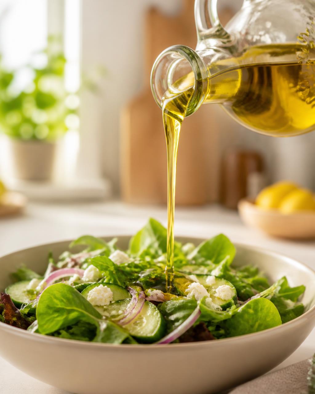 Pouring a stream of olive oil from the POURA 2-in-1 bottle into a skillet