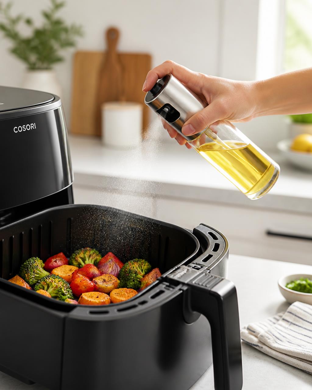 Spraying cooking oil over vegetables on a roasting tray