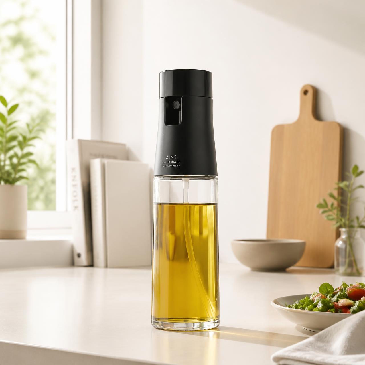 POURA 2-in-1 oil sprayer and pourer bottle on a bright kitchen counter